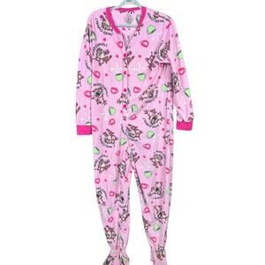 Looney Tunes Soft Fleece Lounge Footed Pajamas "I Need Coffee" Womens Sz L Pink